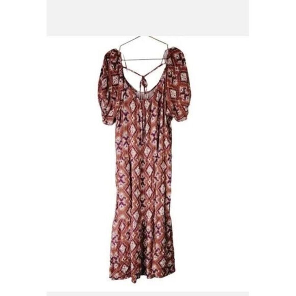 Knox Rose Terracotta‎ Ikat Tiered Midi Dress Puff Sleeve Open Back Pockets Small